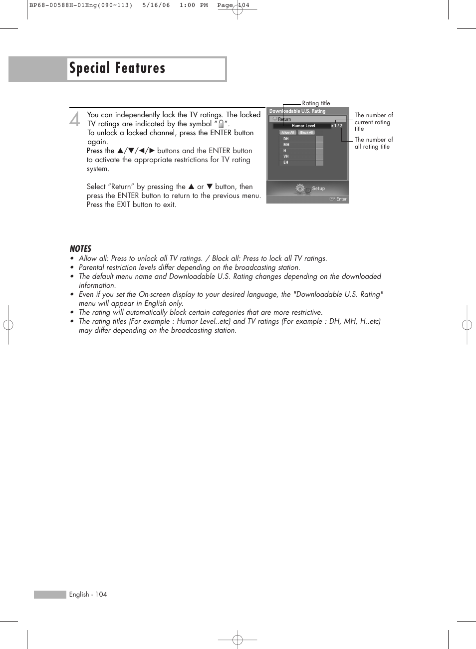 Special features | Samsung HLS6188WX-XAA User Manual | Page 104 / 160
