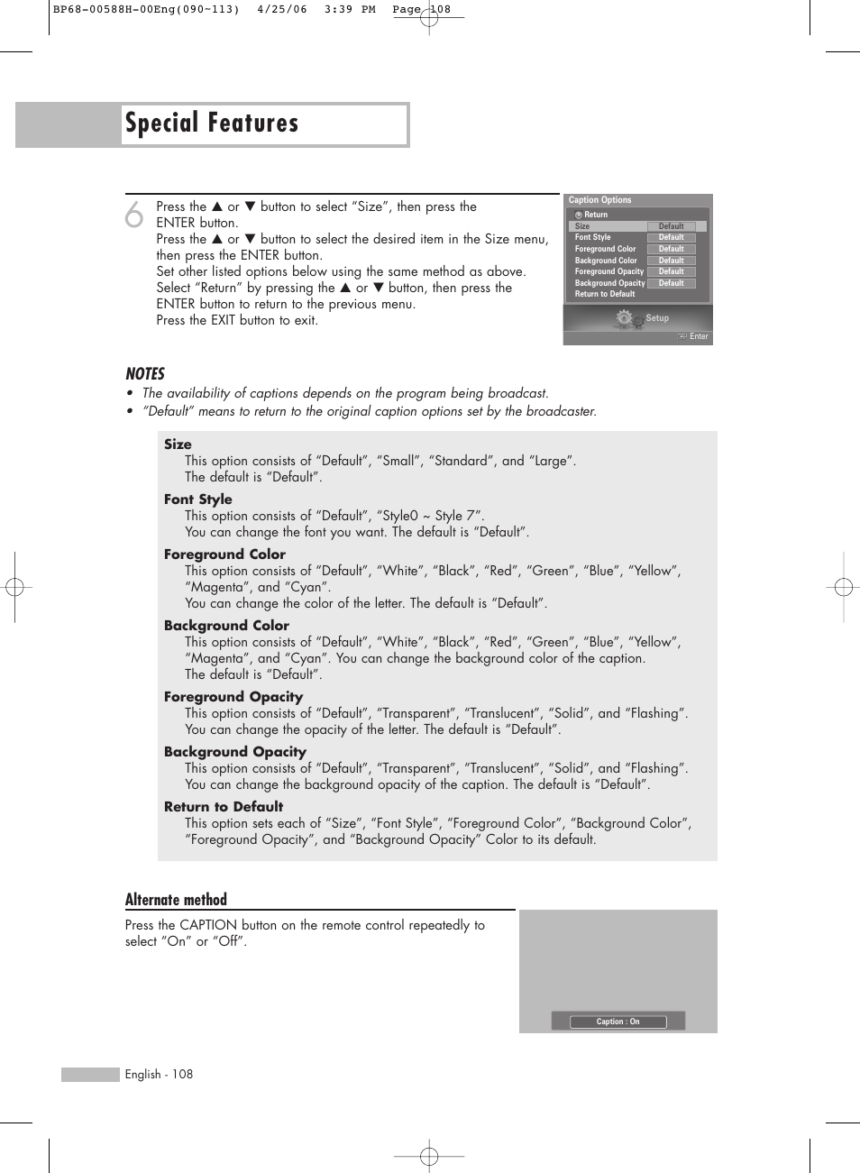 Special features, Alternate method | Samsung HLS6188WX-XAA User Manual | Page 108 / 160