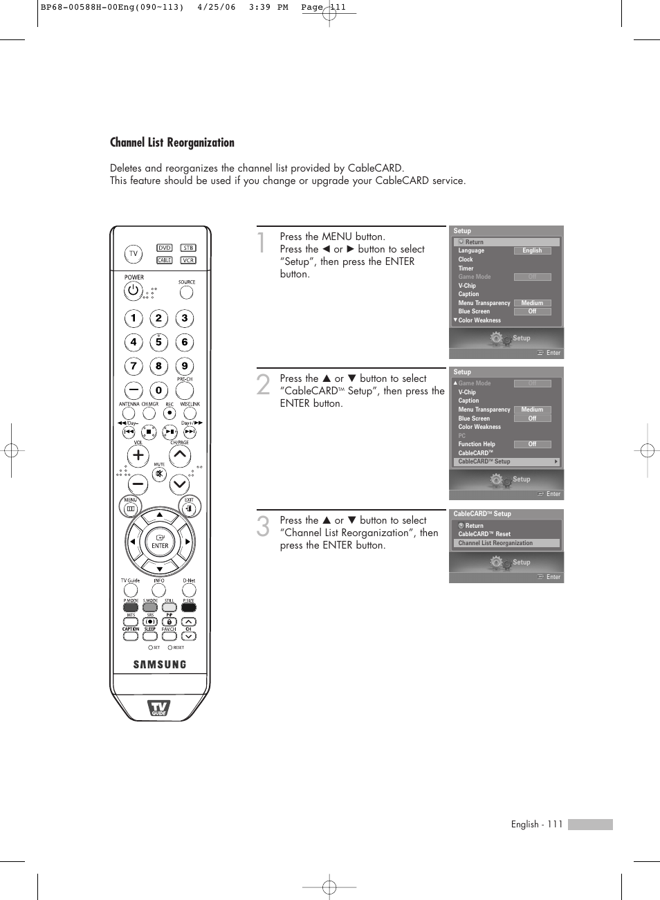 Channel list reorganization | Samsung HLS6188WX-XAA User Manual | Page 111 / 160