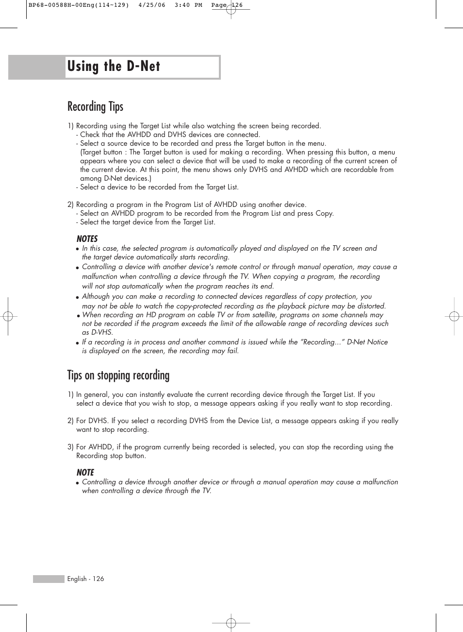 Recording tips, Tips on stopping recording, Using the d-net | Samsung HLS6188WX-XAA User Manual | Page 126 / 160