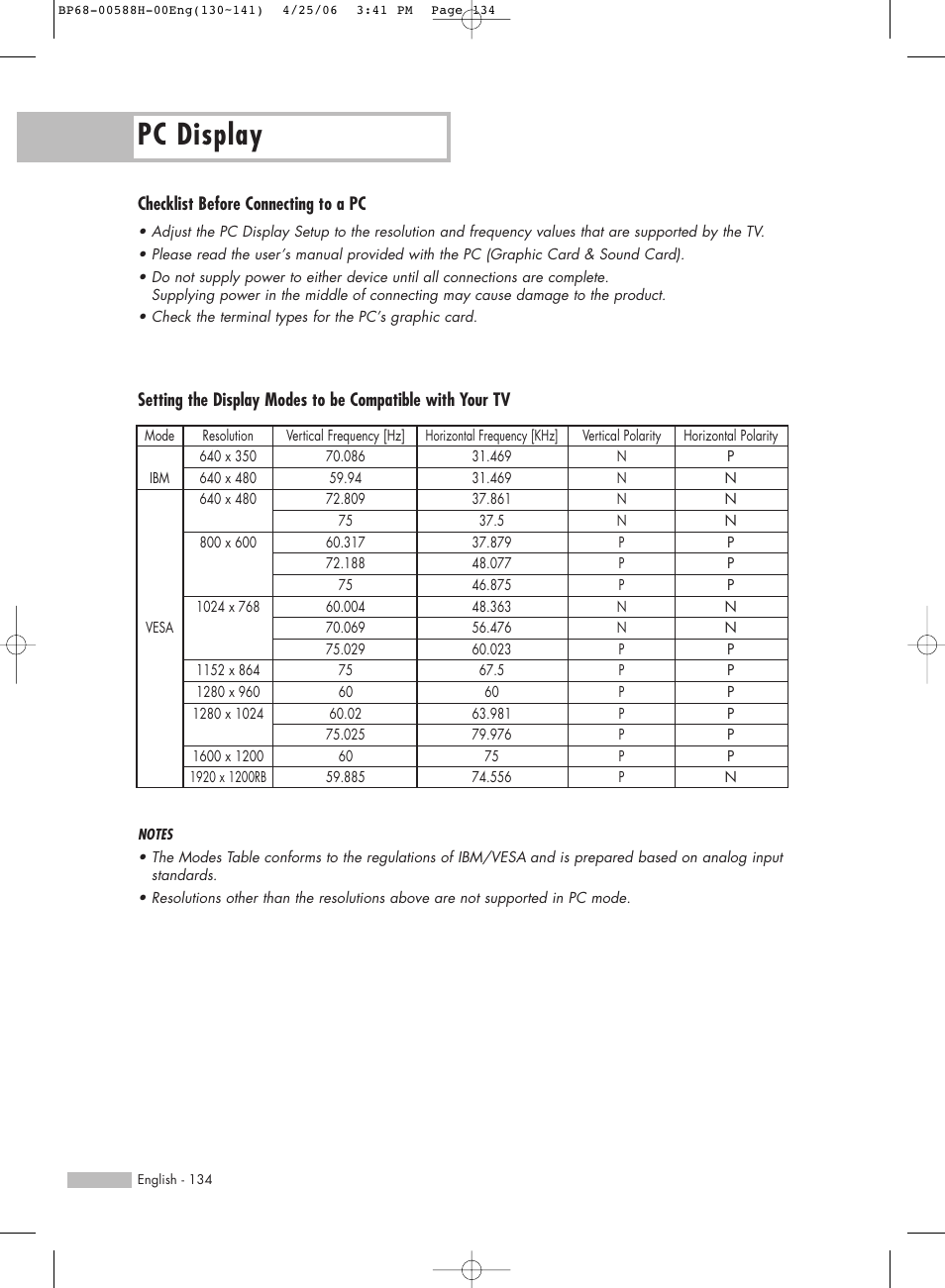 Pc display, Checklist before connecting to a pc | Samsung HLS6188WX-XAA User Manual | Page 134 / 160