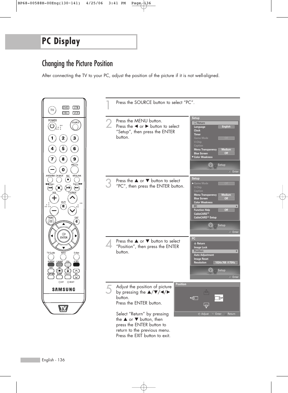 Changing the picture position, Pc display | Samsung HLS6188WX-XAA User Manual | Page 136 / 160
