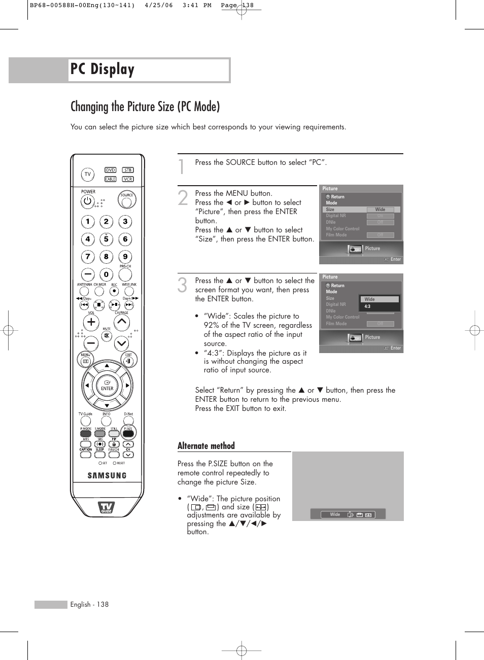 Changing the picture size (pc mode), Pc display, Alternate method | Samsung HLS6188WX-XAA User Manual | Page 138 / 160
