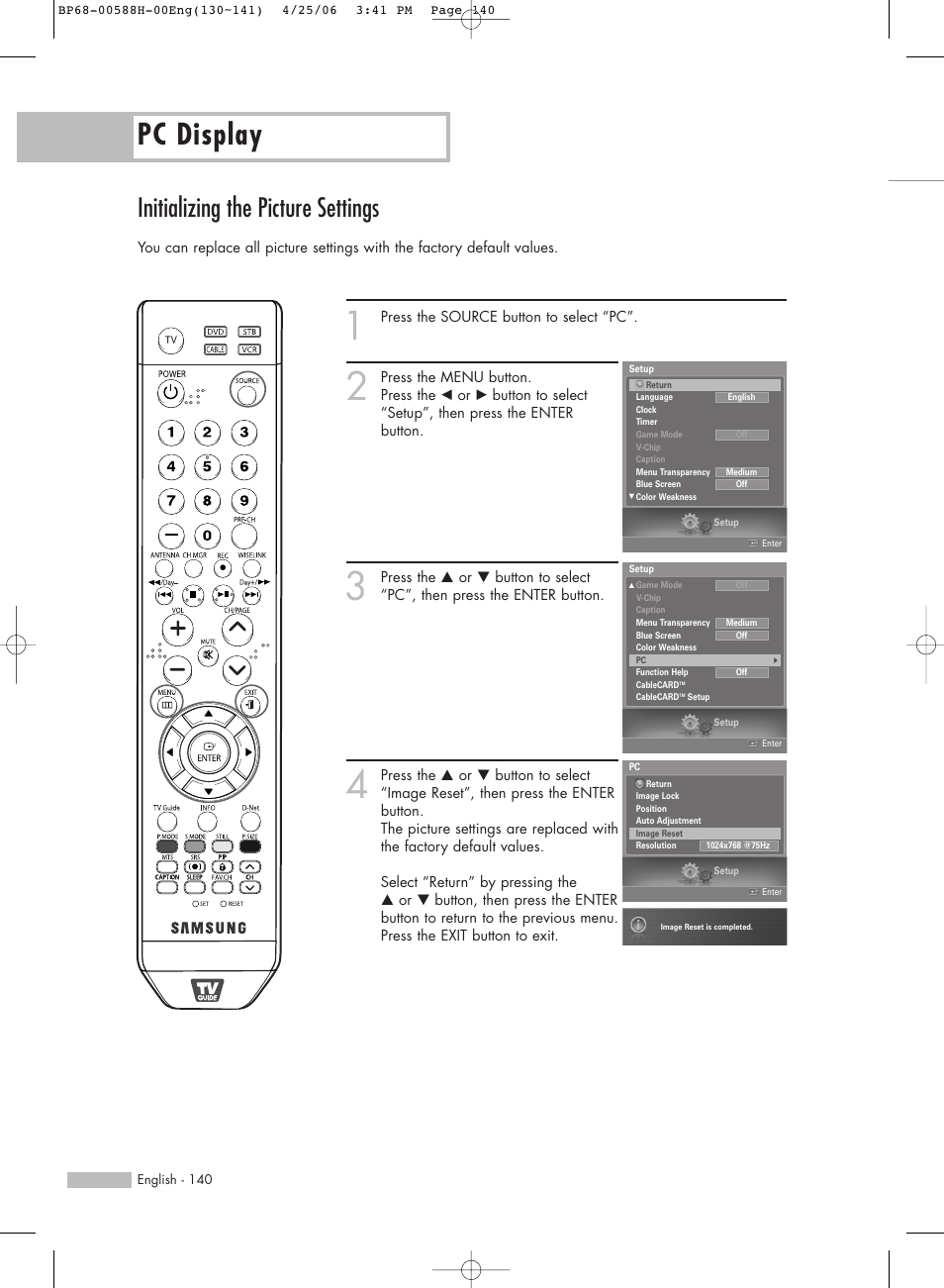 Initializing the picture settings, Pc display | Samsung HLS6188WX-XAA User Manual | Page 140 / 160