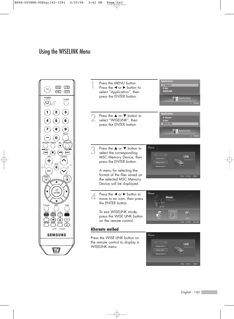 Using the wiselink menu, Alternate method | Samsung HLS6188WX-XAA User Manual | Page 143 / 160