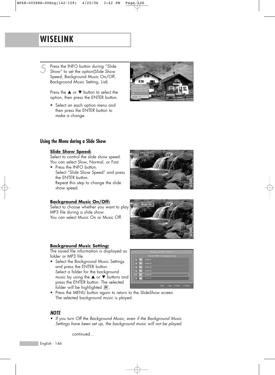 Wiselink, Using the menu during a slide show | Samsung HLS6188WX-XAA User Manual | Page 146 / 160