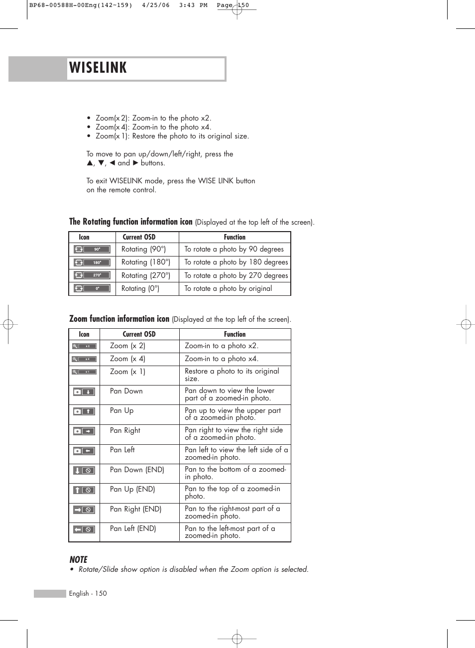 Wiselink, Zoom function information icon, The rotating function information icon | Samsung HLS6188WX-XAA User Manual | Page 150 / 160