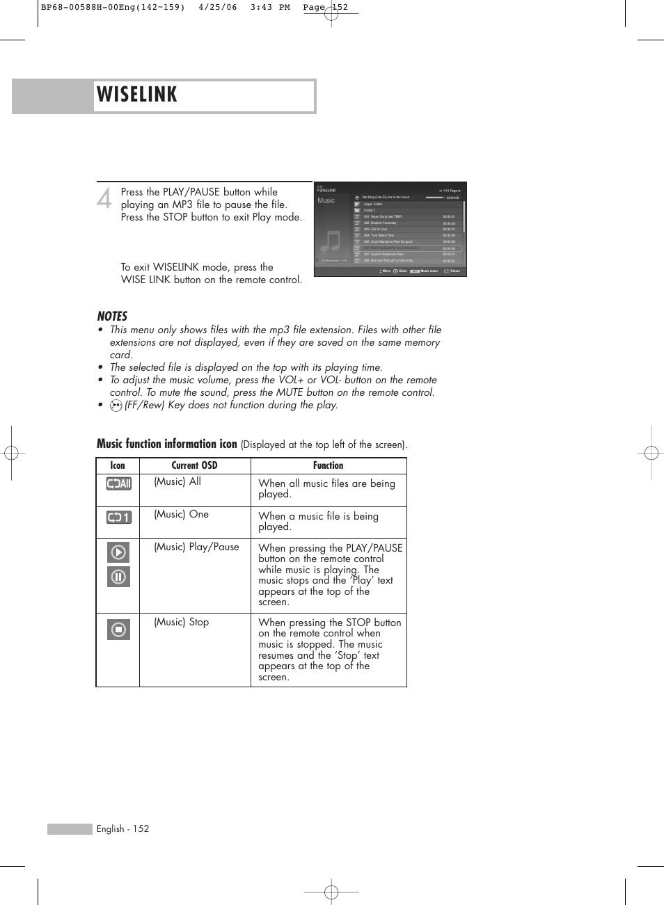 Wiselink, Music function information icon | Samsung HLS6188WX-XAA User Manual | Page 152 / 160