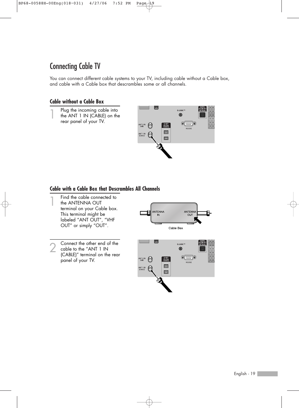 Connecting cable tv | Samsung HLS6188WX-XAA User Manual | Page 19 / 160