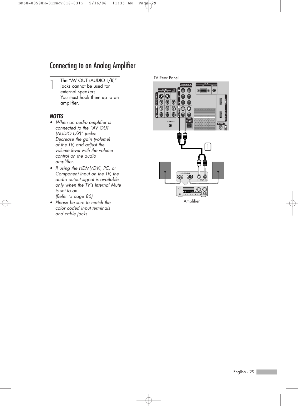 Connecting to an analog amplifier | Samsung HLS6188WX-XAA User Manual | Page 29 / 160