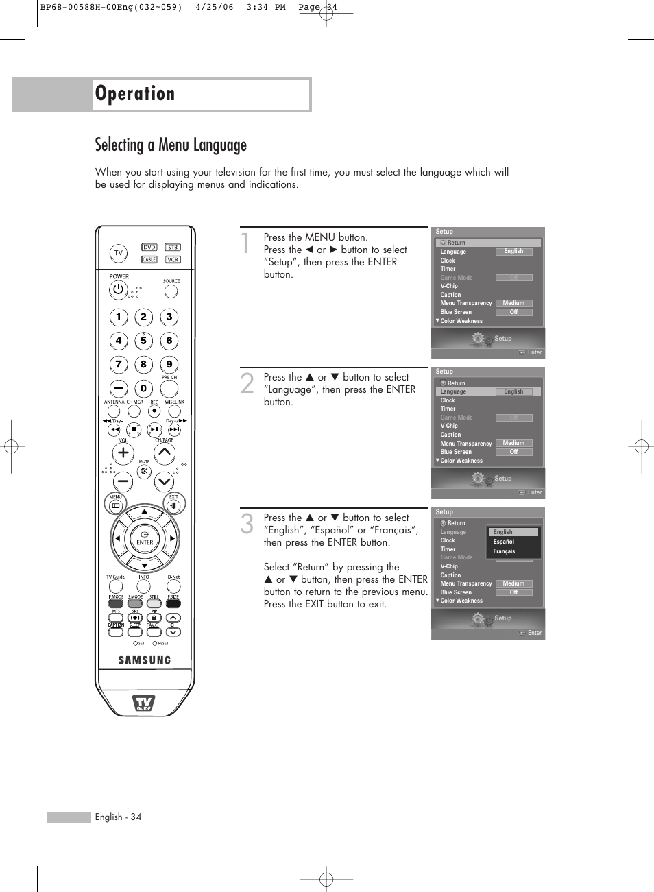 Selecting a menu language, Operation | Samsung HLS6188WX-XAA User Manual | Page 34 / 160