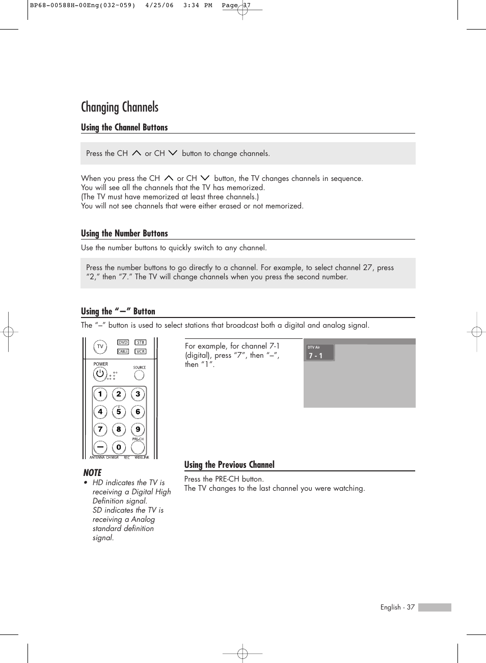 Changing channels | Samsung HLS6188WX-XAA User Manual | Page 37 / 160