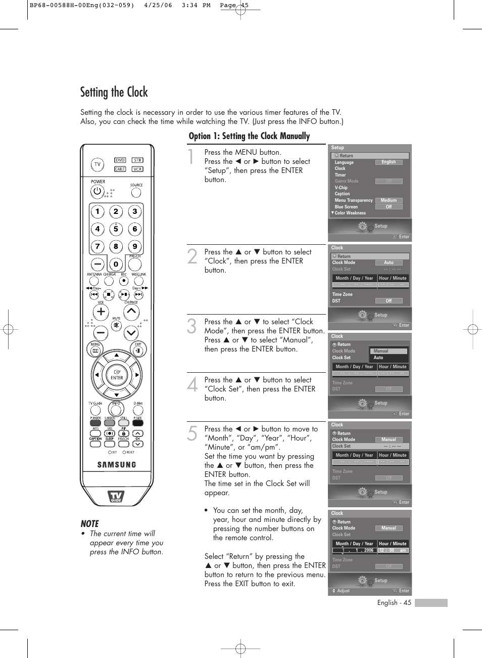 Setting the clock, Option 1: setting the clock manually | Samsung HLS6188WX-XAA User Manual | Page 45 / 160