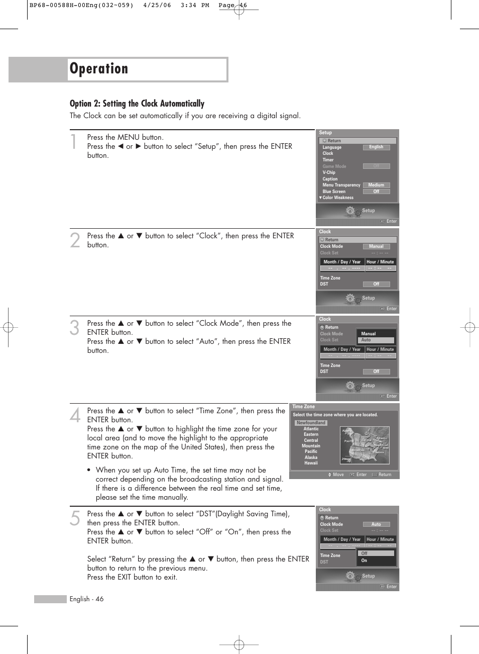 Operation, Option 2: setting the clock automatically | Samsung HLS6188WX-XAA User Manual | Page 46 / 160