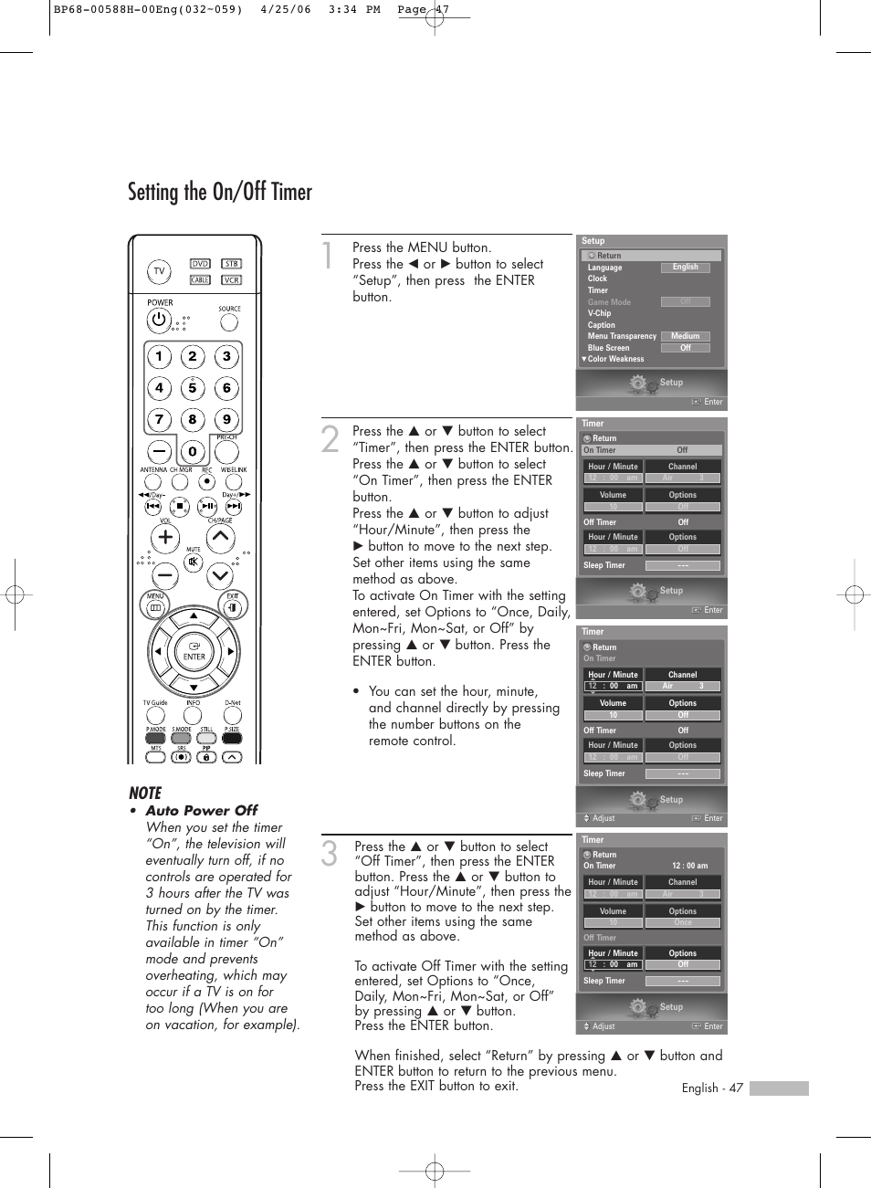 Setting the on/off timer | Samsung HLS6188WX-XAA User Manual | Page 47 / 160