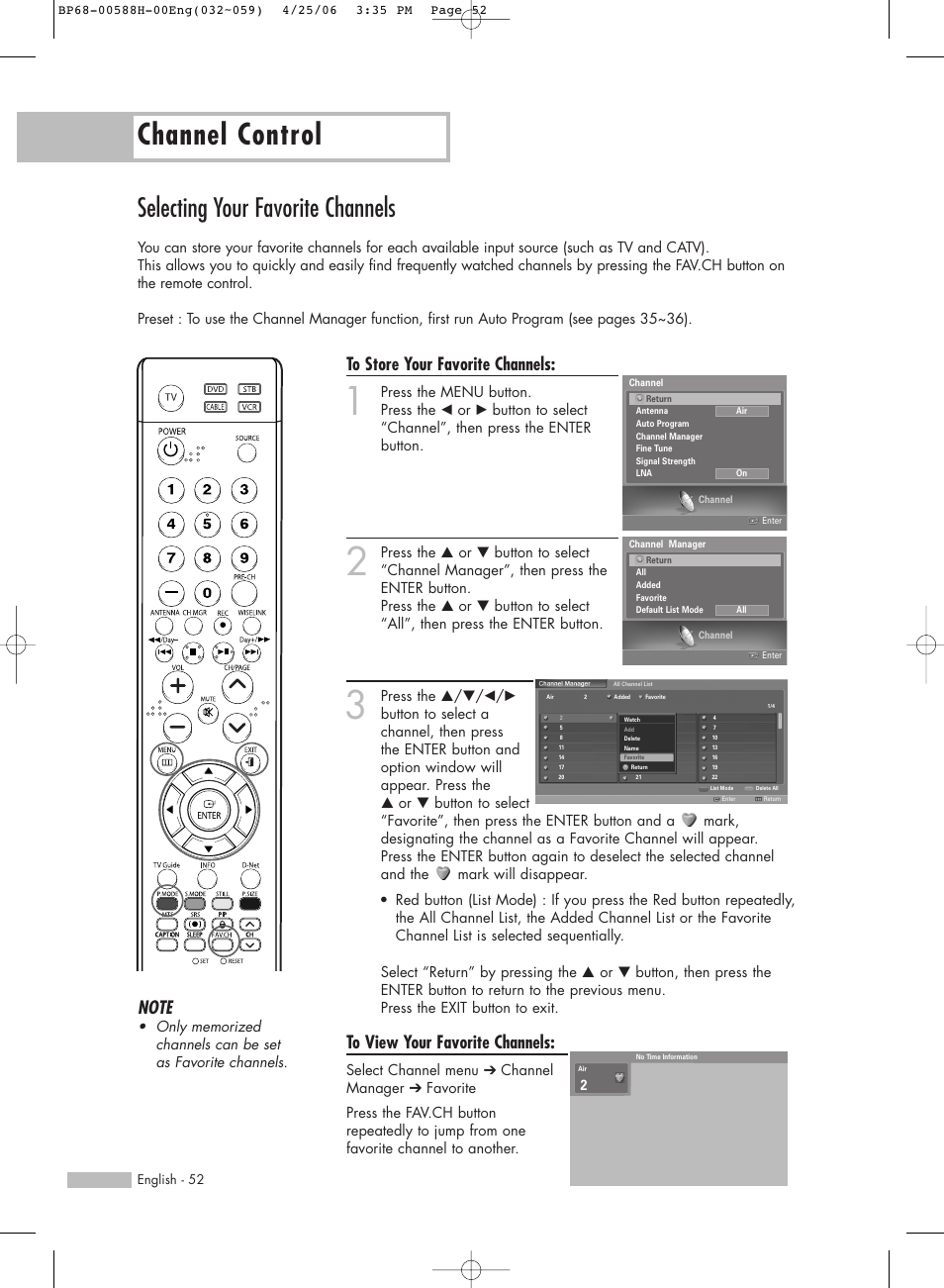 Selecting your favorite channels, Channel control | Samsung HLS6188WX-XAA User Manual | Page 52 / 160