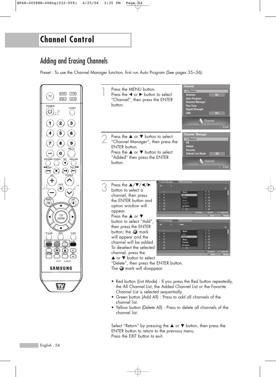 Adding and erasing channels, Channel control, English - 54 | Samsung HLS6188WX-XAA User Manual | Page 54 / 160