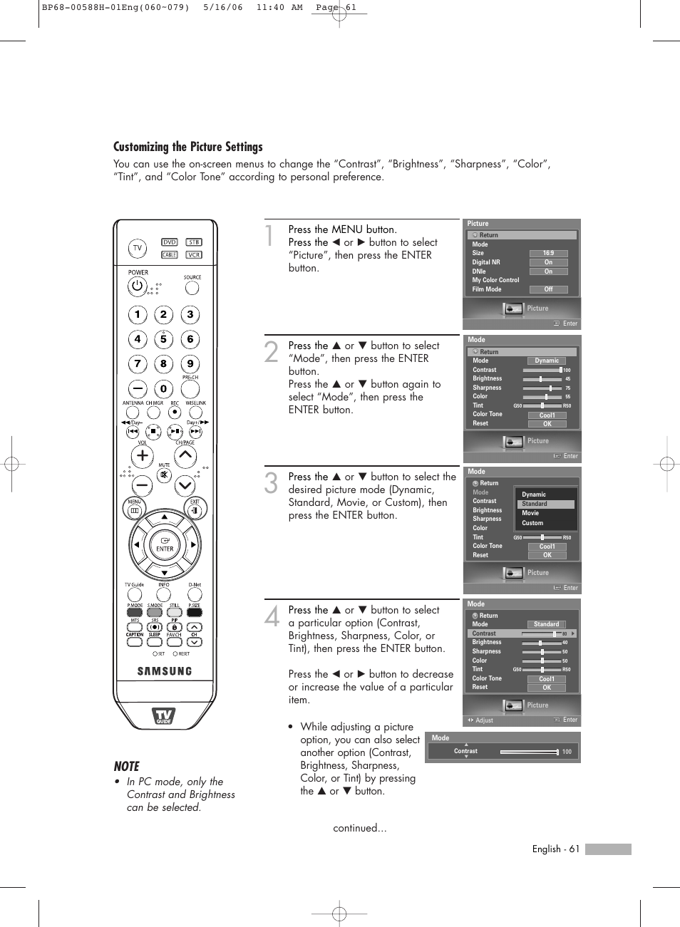 Customizing the picture settings | Samsung HLS6188WX-XAA User Manual | Page 61 / 160