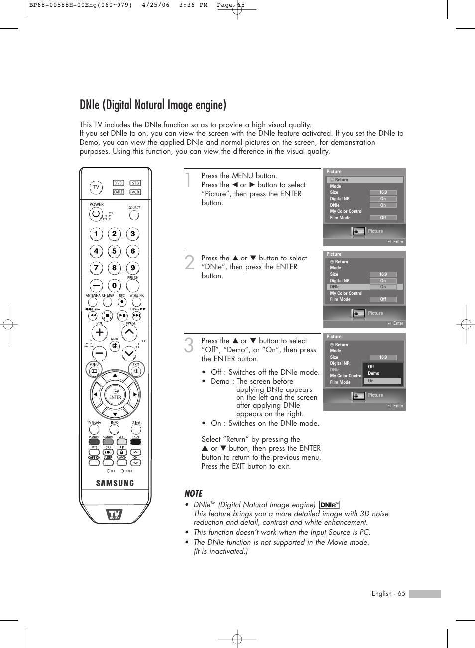 Dnie (digital natural image engine) | Samsung HLS6188WX-XAA User Manual | Page 65 / 160