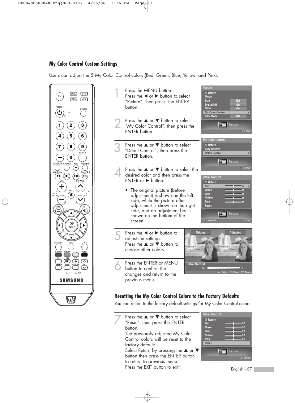 My color control custom settings | Samsung HLS6188WX-XAA User Manual | Page 67 / 160