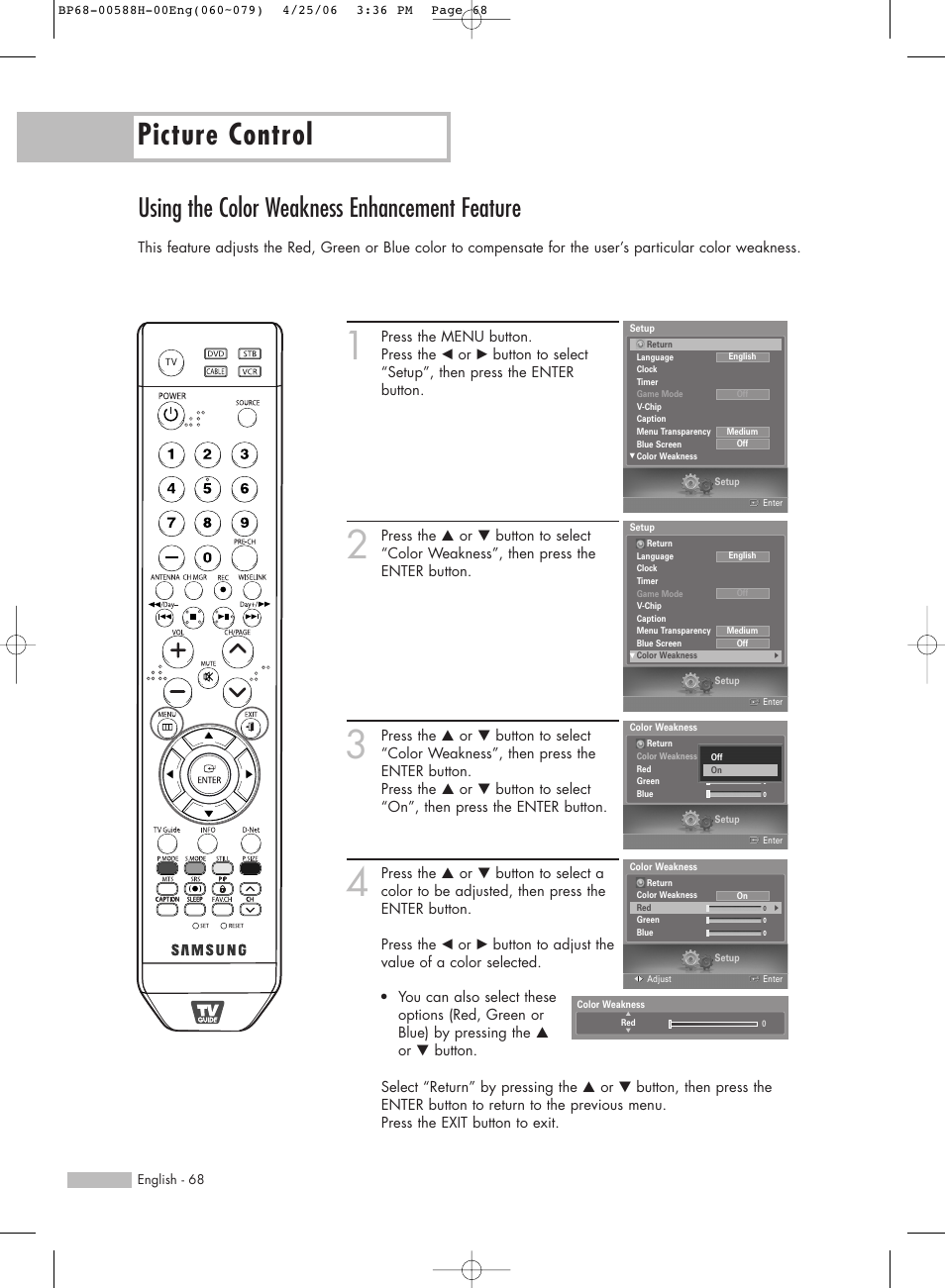 Using the color weakness enhancement feature, Picture control | Samsung HLS6188WX-XAA User Manual | Page 68 / 160