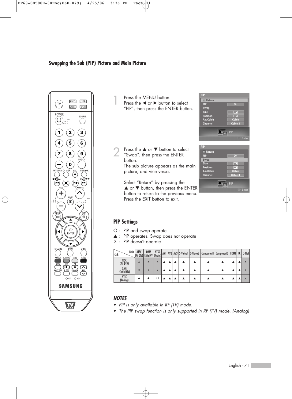 Swapping the sub (pip) picture and main picture, Pip settings | Samsung HLS6188WX-XAA User Manual | Page 71 / 160