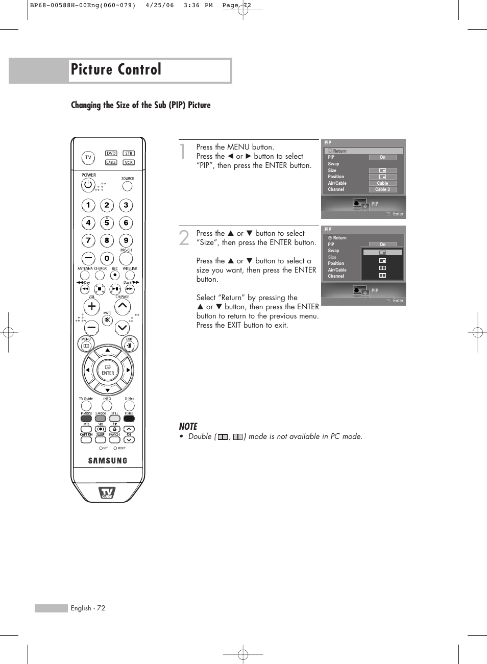 Picture control, Changing the size of the sub (pip) picture | Samsung HLS6188WX-XAA User Manual | Page 72 / 160