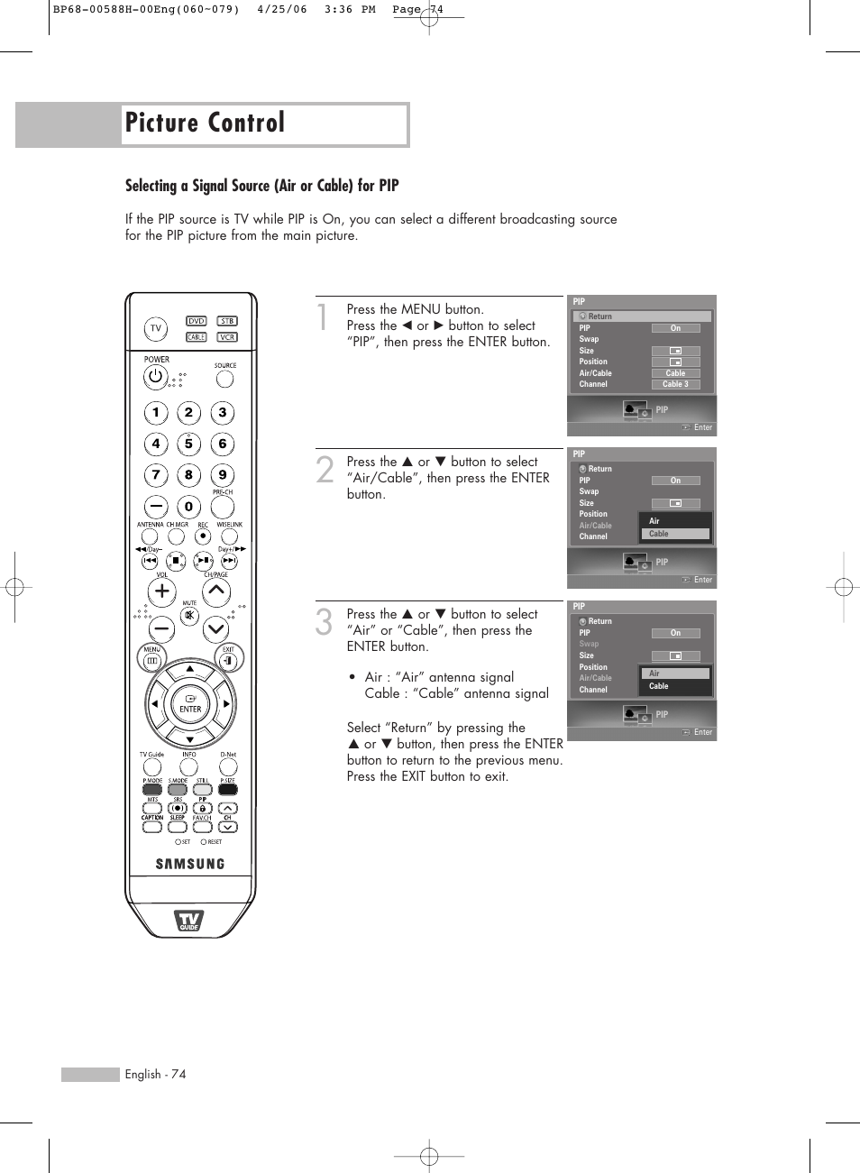 Picture control, Selecting a signal source (air or cable) for pip | Samsung HLS6188WX-XAA User Manual | Page 74 / 160