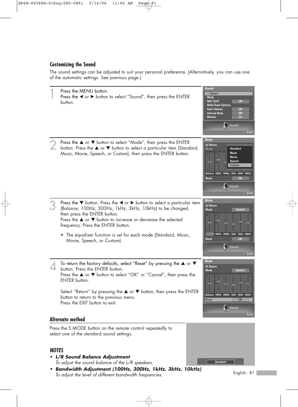 Customizing the sound, Alternate method | Samsung HLS6188WX-XAA User Manual | Page 81 / 160