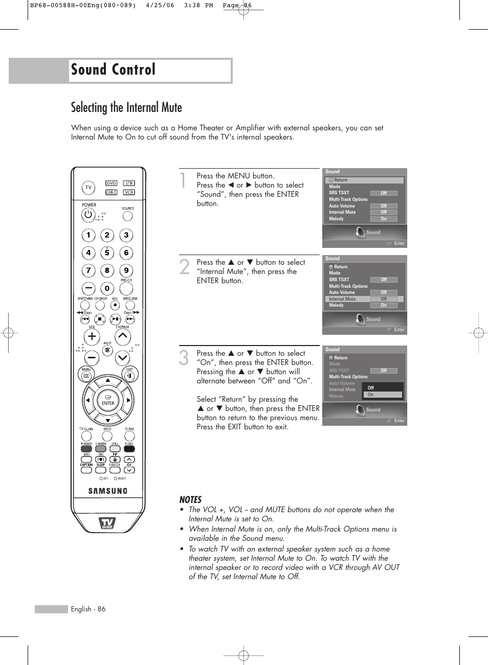 Selecting the internal mute, Sound control | Samsung HLS6188WX-XAA User Manual | Page 86 / 160