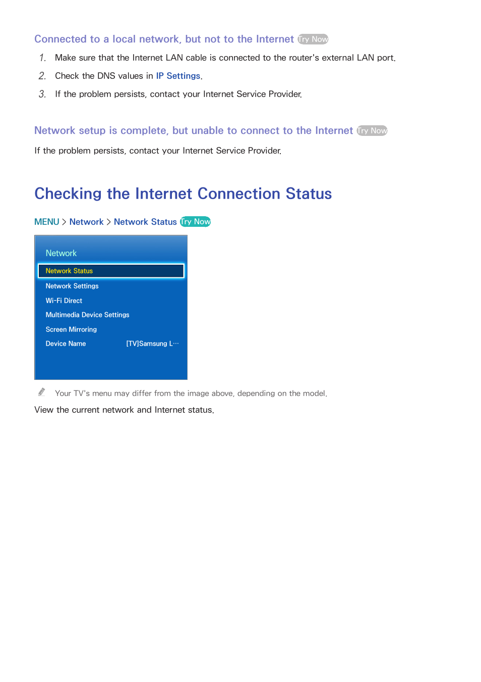 Checking the internet connection status | Samsung UN24H4500AFXZA User Manual | Page 38 / 146