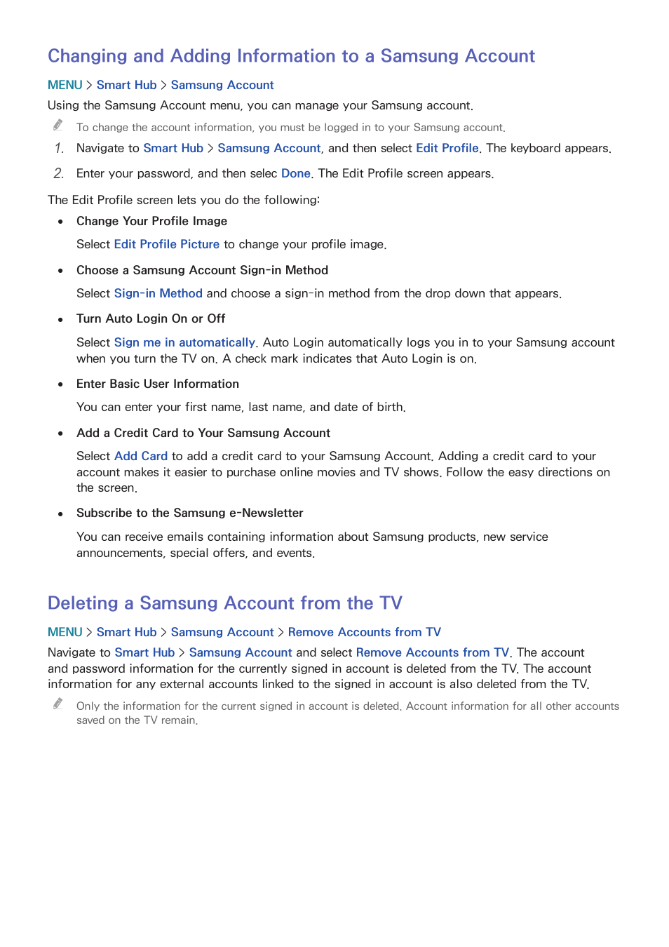 Deleting a samsung account from the tv | Samsung UN24H4500AFXZA User Manual | Page 46 / 146