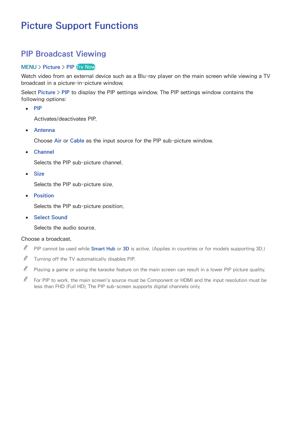 Picture support functions, 89 pip broadcast viewing, Pip broadcast viewing | Samsung UN24H4500AFXZA User Manual | Page 94 / 146