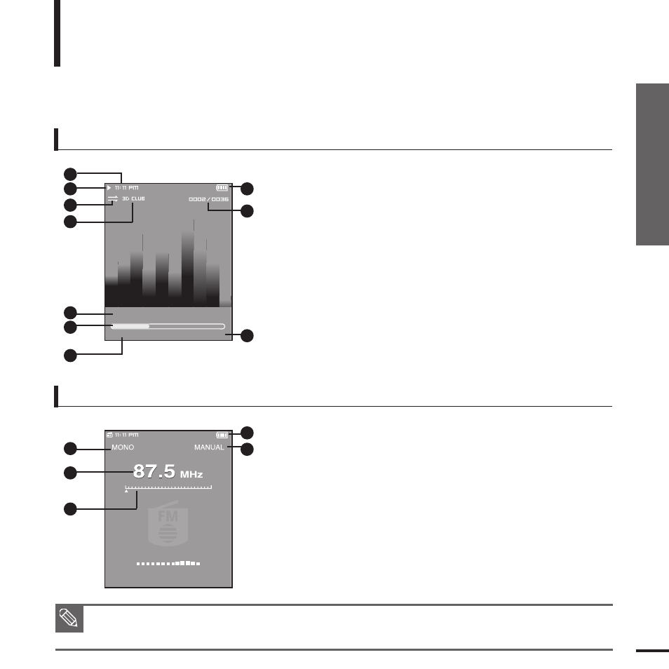 Screen display information, Music fm radio, Components/screen display information | Samsung YP-T9JQB-XAA User Manual | Page 9 / 77