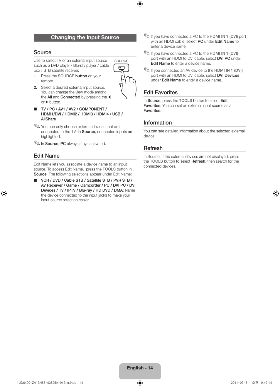 Changing the input source source, Edit name, Edit favorites | Information, Refresh | Samsung UN46D6450UFXZA User Manual | Page 14 / 25