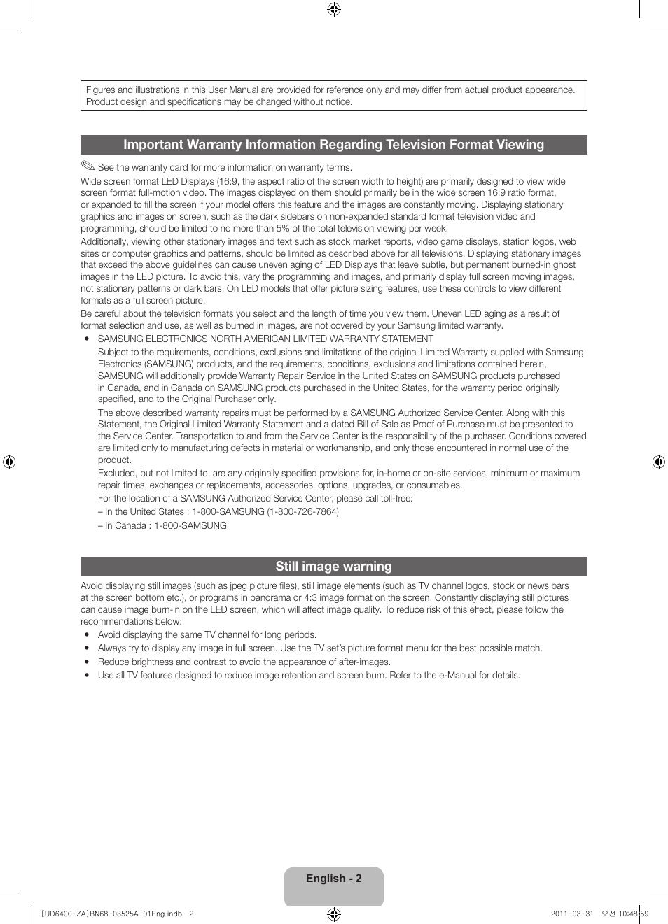 Still image warning | Samsung UN46D6450UFXZA User Manual | Page 2 / 25