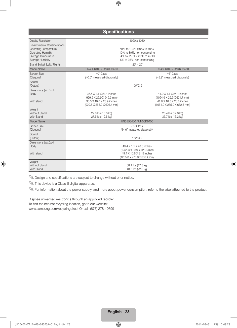 Specifications | Samsung UN46D6450UFXZA User Manual | Page 23 / 25