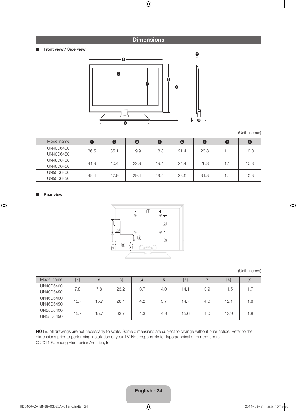 Dimensions | Samsung UN46D6450UFXZA User Manual | Page 24 / 25