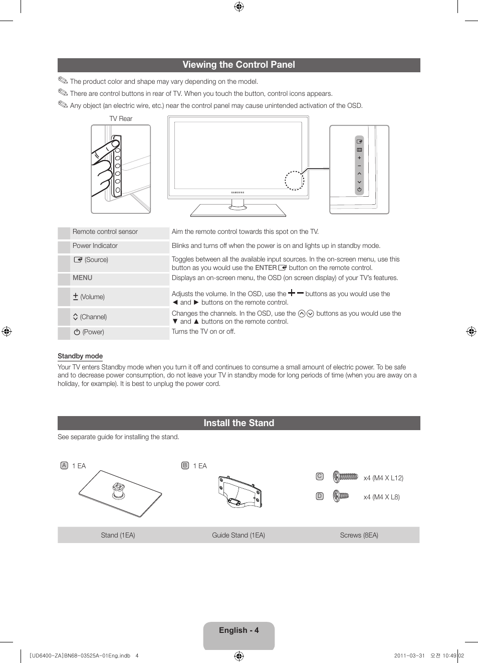 Viewing the control panel, Install the stand | Samsung UN46D6450UFXZA User Manual | Page 4 / 25