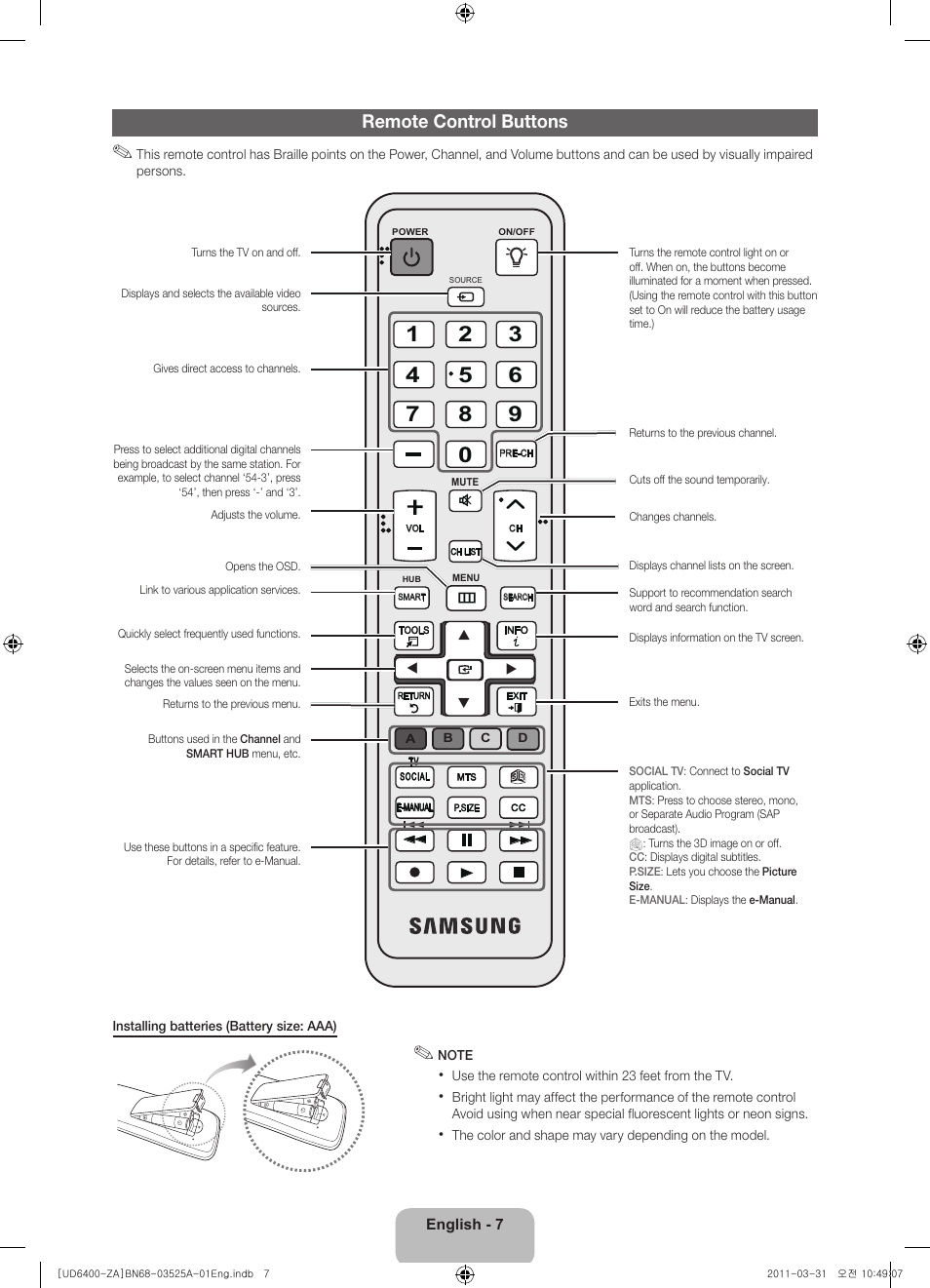 Remote control buttons | Samsung UN46D6450UFXZA User Manual | Page 7 / 25