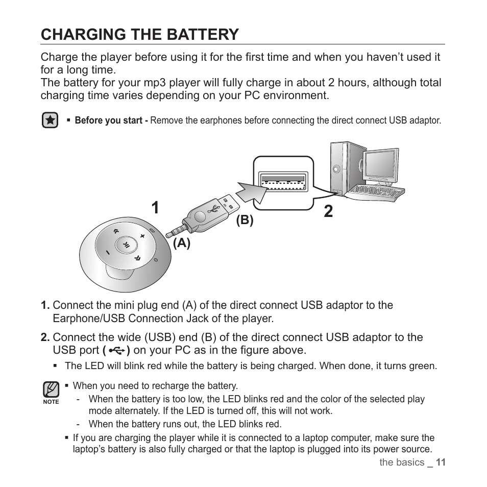 Charging the battery, A) (b) | Samsung YP-S2ZB-XAA User Manual | Page 11 / 31