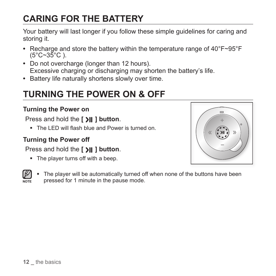 Caring for the battery, Turning the power on & off | Samsung YP-S2ZB-XAA User Manual | Page 12 / 31
