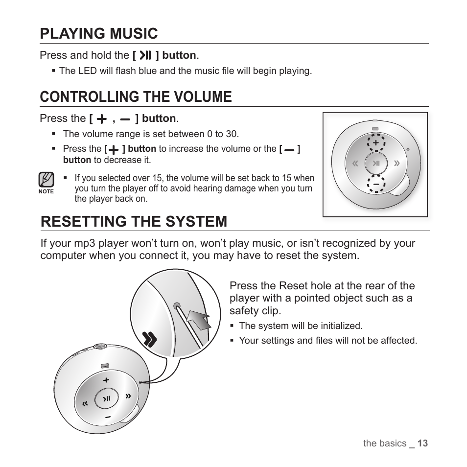Playing music, Controlling the volume, Resetting the system | Samsung YP-S2ZB-XAA User Manual | Page 13 / 31