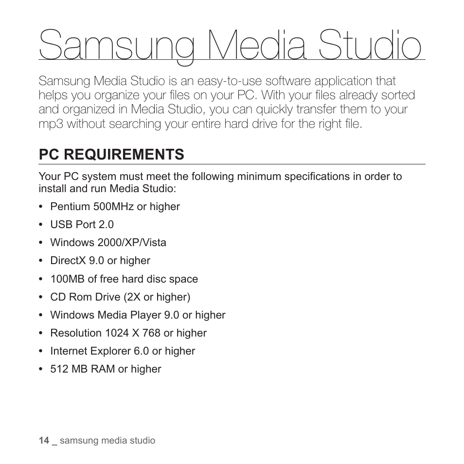 Samsung media studio, Pc requirements | Samsung YP-S2ZB-XAA User Manual | Page 14 / 31