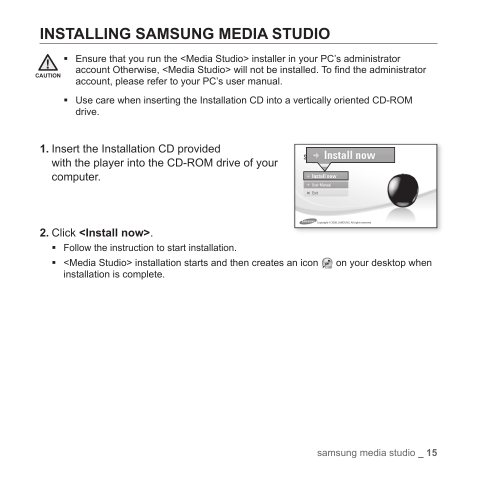 Installing samsung media studio | Samsung YP-S2ZB-XAA User Manual | Page 15 / 31