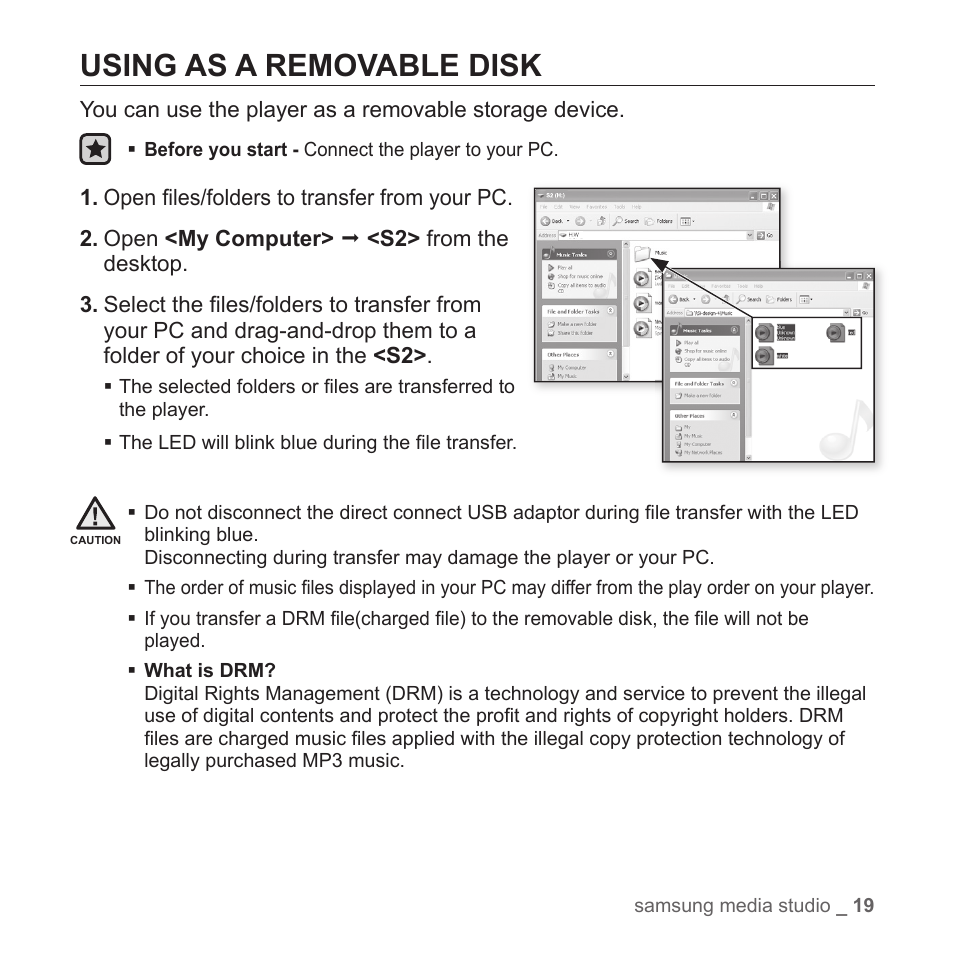 Using as a removable disk | Samsung YP-S2ZB-XAA User Manual | Page 19 / 31