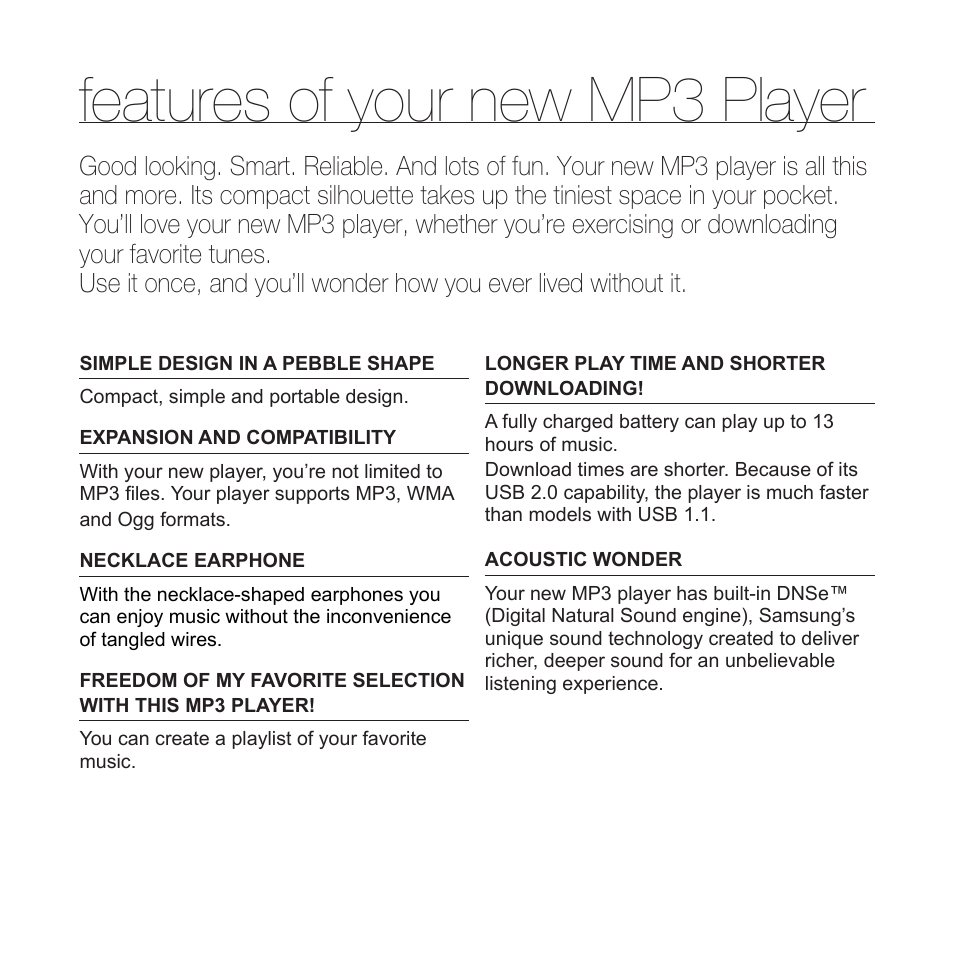Features of your new mp3 player | Samsung YP-S2ZB-XAA User Manual | Page 2 / 31