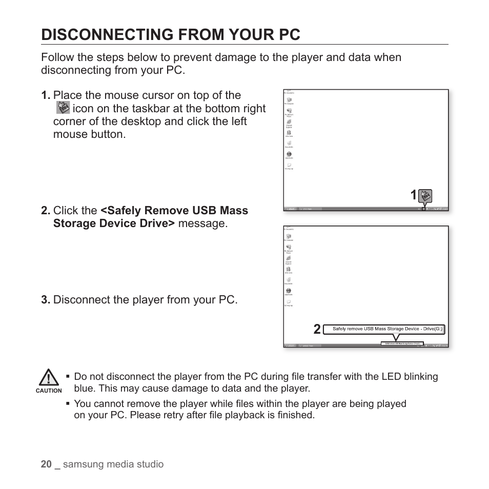 Disconnecting from your pc | Samsung YP-S2ZB-XAA User Manual | Page 20 / 31