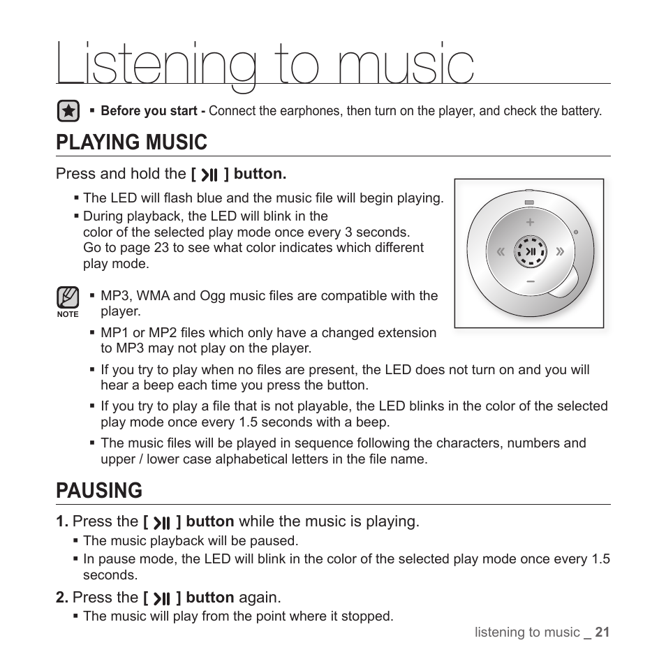 Listening to music, Playing music, Pausing | Samsung YP-S2ZB-XAA User Manual | Page 21 / 31