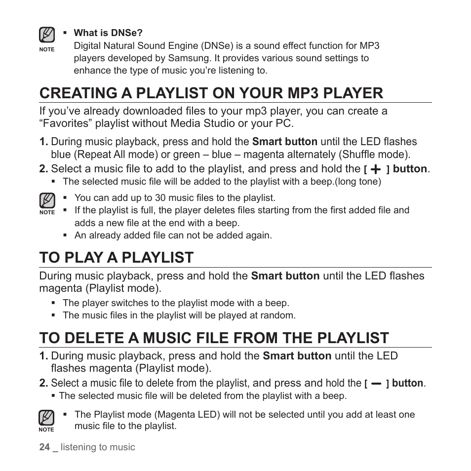 Creating a playlist on your mp3 player, To play a playlist, To delete a music file from the playlist | Samsung YP-S2ZB-XAA User Manual | Page 24 / 31